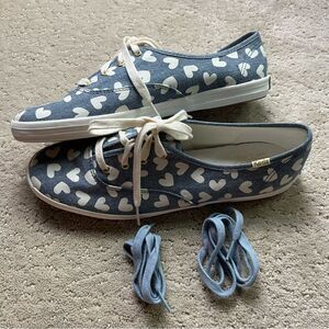 Keds Blue Denim Chambray Heart Print Sneakers Tennis Shoes 10